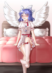 Rule 34 | 1girl, absurdres, ailu elf, angel wings, blue eyes, blue hair, blush, bow, bow legwear, commentary request, dress, feathered wings, frilled dress, frilled sleeves, frills, hair bow, highres, kneehighs, lying, mai (touhou), no shoes, on back, open mouth, puffy short sleeves, puffy sleeves, red ribbon, red sash, ribbon, sash, short sleeves, sitting, socks, soles, split mouth, touhou, touhou (pc-98), white dress, white socks, white wings, wings