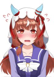 Rule 34 | 1girl, animal ears, blush, bow, bowtie, brown hair, collarbone, embarrassed, flustered, flying sweatdrops, highres, horse ears, horse girl, horseshoe ornament, looking at viewer, nekolimiter, nervous sweating, open mouth, red eyes, school uniform, simple background, solo, still in love (umamusume), sweat, tracen school uniform, umamusume, veil, wavy mouth, white background, winter uniform