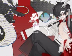 Rule 34 | 1boy, bad id, bad twitter id, bandaid, bead bracelet, beads, black gloves, black hair, bracelet, chair, chromatic aberration, coat, cropped, crossed legs, dragon, dragon horns, dragon tattoo, floral print, gloves, grey coat, grey eyes, highres, horns, jacknife, jewelry, male focus, open clothes, open coat, original, pointy ears, red gloves, red pupils, single glove, sitting, solo, tattoo, twitter username