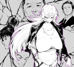 Rule 34 | 1girl, 4boys, breasts, character request, closed mouth, collarbone, greyscale, hair between eyes, highres, huge breasts, jacket, long hair, long sleeves, looking at viewer, monochrome, multiple boys, necktie, nijisanji, nomomono eraser, nui sociere, open clothes, open jacket, outline, pink outline, shirt, tongue, tongue out, very long hair, virtual youtuber