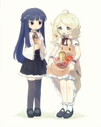 Rule 34 | 2girls, absurdres, black footwear, black skirt, black thighhighs, blonde hair, blue hair, blunt bangs, blush, brown dress, brown ribbon, candy, closed mouth, commentary request, dress, food, frilled shirt collar, frills, full body, green eyes, hair over shoulder, half up braid, highres, holding, holding food, idolmaster, idolmaster cinderella girls, long hair, long sleeves, looking at another, low twintails, mary janes, meiji milk chocolate, morinaga chocoball, multiple girls, neck ribbon, nendo23, open mouth, pinafore dress, pocky, puffy short sleeves, puffy sleeves, red eyes, red ribbon, ribbon, sajo yukimi, shirt, shoes, short sleeves, simple background, skirt, skirt basket, skirt hold, sleeveless, sleeveless dress, smile, snack, socks, sparkle, standing, thighhighs, twintails, white background, white shirt, white socks, yusa kozue
