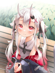 Rule 34 | 1girl, aged down, bench, black coat, black necktie, coat, hair ornament, hairclip, hololive, horns, long hair, nakiri ayame, nakiri ayame (streetwear), necktie, off shoulder, oni, outdoors, own hands together, pepushi drow, red eyes, ribbon, shirt, silver hair, sitting, skin-covered horns, sleeveless, sleeveless shirt, solo, twintails, virtual youtuber, white shirt