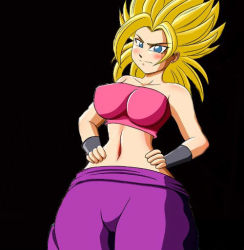 Rule 34 | 10s, 1girl, aqua eyes, bare shoulders, black background, blue eyes, blush, breasts, caulifla, curvy, dragon ball, dragon ball super, female focus, hands on own hips, hip focus, large breasts, looking at viewer, midriff, pants, saiyan, solo, spiked hair, strapless, super saiyan, thighs, tube top, wide hips, wristband