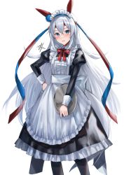 Rule 34 | 1girl, @ @, absurdres, alternate costume, animal ears, apron, black legwear, blue eyes, bow, bowtie, commentary request, ear covers, enmaided, fang, hair between eyes, hand on own hip, highres, hitomin (ksws7544), holding, holding tray, horse ears, horse girl, horse tail, juliet sleeves, long hair, long sleeves, looking at viewer, maid, maid headdress, open mouth, puffy sleeves, signature, silver hair, simple background, solo, sweat, tail, tamamo cross (umamusume), tray, umamusume, very long hair, white background