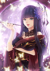 Rule 34 | 1girl, bat hair ornament, black hair, blue eyes, blue flower, blunt bangs, blunt ends, breast hold, breasts, bug, butterfly, cinders, cleavage, commentary request, detached collar, final fantasy, final fantasy xiv, flower, glowing, glowing butterfly, hair flower, hair ornament, hand up, hime cut, holding, holding smoking pipe, holding smoking pipe, insect, japanese clothes, kanzashi, kimono, kiseru, lace collar, light smile, lips, lipstick, long hair, looking at viewer, makeup, mole, mole under mouth, moon, obi, off shoulder, red rope, rope, sash, shidou riko, sidelocks, smoking pipe, solo, tassel, very long hair, yotsuyu goe brutus