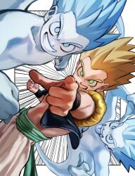 Rule 34 | 3boys, blonde hair, clenched hand, commentary, dragon ball, dragonball z, ghost, gotenks, green eyes, green sash, grin, highres, looking at viewer, male focus, metamoran vest, multiple boys, open mouth, pants, pointing, pointing at viewer, sash, simple background, smile, spiked hair, super ghost kamikaze attack, super saiyan, super saiyan 1, symbol-only commentary, tongue, tongue out, white pants, yoyoha chan