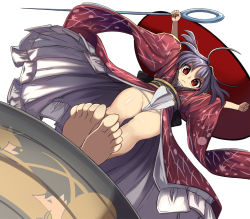 Rule 34 | 1girl, ahoge, bare legs, barefoot, bowl, bowl hat, clenched hands, commentary request, foreshortening, full body, fundoshi, hat, holding, holding needle, japanese clothes, kimono, long sleeves, looking at viewer, needle, obi, outstretched arms, petticoat, purple hair, red eyes, red kimono, sash, short hair, simple background, solo, standing, sukuna shinmyoumaru, syope, thighs, touhou, v-shaped eyebrows, white background, wide sleeves