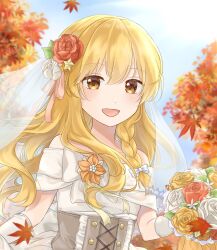 Rule 34 | 1girl, alternate costume, autumn leaves, blonde hair, bouquet, bow, braid, bridal veil, commentary, corset, day, dress, dress flower, falling leaves, flower, gloves, hair flower, hair ornament, hair ribbon, highres, holding, holding bouquet, kirisame marisa, leaf, leaf hair ornament, light blush, long hair, looking at viewer, off-shoulder dress, off shoulder, open mouth, red flower, red rose, reimu tyuki, ribbon, rose, side braid, single braid, smile, solo, star (symbol), star hair ornament, touhou, veil, wedding dress, white bow, white flower, white gloves, white rose, yellow flower