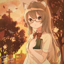 Rule 34 | 1girl, ahoge, animal ears, blurry, bokeh, book, bow, bowtie, breasts, brown-framed eyewear, brown bow, brown bowtie, brown eyes, brown hair, brown theme, building, cat ears, cat girl, cityscape, collared shirt, commentary, commission, depth of field, dusk, falling leaves, glasses, hair between eyes, highres, holding, holding book, leaf, light blush, looking away, medium breasts, mokunoki, orange theme, original, parted lips, power lines, rectangular eyewear, red bow, red bowtie, semi-rimless eyewear, shirt, short sleeves, signature, silhouette, sky, solo, tree, under-rim eyewear, utility pole, white shirt, yellow sky