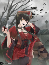Rule 34 | 1girl, achillesherz, artist name, bat (animal), black hair, breasts, cleavage, commentary, cross, crossed legs, cup, demon horns, dress, drinking glass, eliza (tekken), english commentary, full moon, hat, highres, horns, large breasts, lipstick, long hair, looking at viewer, makeup, medium breasts, moon, pale skin, purple lips, red wine, slit pupils, solo, tekken, tekken 7, tekken 8, too many, too many bats, vampire, wine glass, yellow eyes