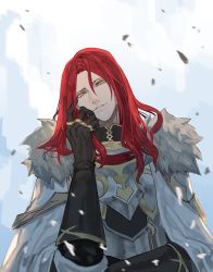 Rule 34 | 1boy, armor, bishounen, black gloves, cloak, closed eyes, fate/grand order, fate (series), fur trim, gloves, hair between eyes, head tilt, knight, long hair, long sleeves, looking at viewer, male focus, manly, red hair, simple background, smirk, solo, tristan (fate), unusually open eyes, upper body, white background, white cloak, yellow eyes, yepnean