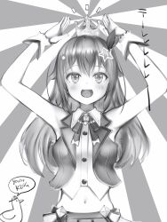 Rule 34 | 1girl, :d, absurdres, arms up, bare arms, bare shoulders, crown, dot nose, english text, engrish text, greyscale, hair between eyes, hair ornament, hairclip, highres, hololive, light blush, looking at viewer, midriff, monochrome, nanashi (nlo), navel, open mouth, ranguage, simple background, smile, solo, speech bubble, star (symbol), star hair ornament, subaru duck, tokino sora, tokino sora (1st costume), upper body, virtual youtuber, wrist cuffs