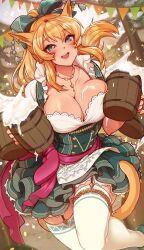 Rule 34 | 1girl, :d, alcohol, animal ears, warrior of light (ff14), beer, beer mug, blonde hair, blush, bow, breasts, buttons, cat ears, cat girl, cat tail, cleavage, collarbone, cup, day, dirndl, double-breasted, dress, final fantasy, final fantasy xiv, frills, german clothes, green bow, hair bow, highres, holding, holding cup, jewelry, kaiyoko star, large breasts, long hair, looking at viewer, merunyaa, miqo&#039;te, mole, mole under eye, mug, necklace, open mouth, outdoors, smile, solo, tail, thighhighs, white thighhighs