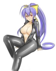 Rule 34 | 1girl, antenna hair, areola slip, biker clothes, bikesuit, blazblue, blazblue remix heart, blue hair, blush, bodysuit, bow, breasts, center opening, cleavage, collarbone, dropship (artist), full-length zipper, genderswap, genderswap (mtf), grin, hair between eyes, hair bow, hereisds, highres, knee up, large breasts, latex, latex suit, long hair, looking at viewer, mai natsume, navel, no bra, open clothes, parted lips, ponytail, red eyes, ribbon, sidelocks, simple background, sitting, smile, solo, unzipped, very long hair, white background, zipper