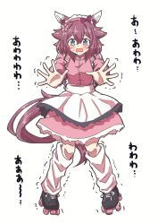 Rule 34 | 1girl, alternate costume, animal ears, apron, blue eyes, blush, breasts, commentary request, dress, ear covers, enmaided, full body, highres, horse ears, horse girl, horse tail, looking at viewer, loose socks, maid, maid headdress, medium breasts, open mouth, pink dress, pink hair, roller skates, sakura chiyono o (umamusume), shoes, short hair, skates, socks, solo, standing, tail, tkbn r, translation request, trembling, umamusume, white socks