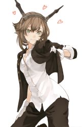 Rule 34 | 10s, 1girl, alternate costume, breasts, brown hair, cleavage, cosmic (crownclowncosmic), gakuran, gloves, green eyes, hair ornament, headgear, heart, kantai collection, looking at viewer, mutsu (kancolle), personification, revision, school uniform, shirt, short hair, simple background, small breasts, smile, solo, white background