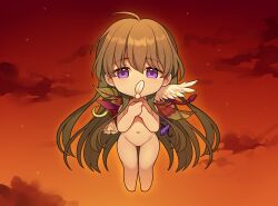 Rule 34 | 1girl, ahoge, asymmetrical wings, chibi, cloud, completely nude, dusk, feathered wings, feathers, flower wings, full body, green hair, highres, holding, holding feather, leaf wings, long hair, looking at viewer, may (2747513627), mismatched wings, navel, nude, plant wings, purple eyes, sayonara wo oshiete, sky, snake, solo, sugamo mutsuki, twilight, very long hair, wings