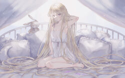 Rule 34 | 1girl, absurdly long hair, absurdres, arm up, bare legs, bare shoulders, barefoot, black nails, blonde hair, breasts, curtains, frilled pillow, frills, full body, highres, light particles, long hair, msa (fary white), nail polish, nightgown, on bed, original, pillow, purple eyes, sitting, slit pupils, small breasts, solo, stuffed animal, stuffed rabbit, stuffed toy, toenail polish, toenails, very long hair, wariza, white nightgown