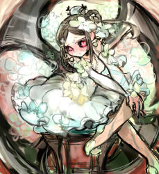 Rule 34 | 1girl, alternate costume, black sclera, blade, bow, brown hair, carol (skullgirls), chair, colored sclera, dress, flower, frilled dress, frills, glowing, glowing eyes, hair ornament, hair stick, hands on own knees, huge weapon, crossed legs, looking at viewer, nail, no mask, notoro, painwheel (skullgirls), red eyes, ribbon, scar, shoes, sitting, skullgirls, solo, stitches, veins, weapon, white dress