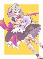 Rule 34 | 1girl, absurdres, apron, armor, armored dress, ascot, black dress, blush, border, bouquet, braid, braided bangs, breasts, bright pupils, cleavage, commentary, dress, flower, full body, gauntlets, genshin impact, green eyes, grey hair, hair flower, hair ornament, highres, holding, holding bouquet, kyouyasai4423, lens flare, looking to the side, maid headdress, medium breasts, noelle (genshin impact), red ascot, red flower, short hair, signature, simple background, smile, solo, white apron, white pupils, yellow background
