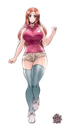 Rule 34 | 1girl, arm up, bleach, blue thighhighs, breasts, brown eyes, brown hair, highres, hood, hoodie, inoue orihime, large breasts, lips, long hair, narrow waist, pink hoodie, redrawn, short shorts, shorts, skindentation, sleeveless, smile, solo, the golden smurf, thick thighs, thighhighs, thighs