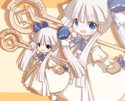 Rule 34 | 1girl, :d, beige background, blue bow, blue eyes, blush, bow, brown background, chibi, copyright request, hair between eyes, hair bow, holding, holding staff, long hair, long sleeves, looking at viewer, mori no kaeru, open mouth, pinching sleeves, robe, sidelocks, silver hair, sleeves past wrists, smile, solo, staff, standing, twintails, two-tone background, very long hair, white robe, wide sleeves, zoom layer