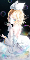 Rule 34 | 1girl, absurdres, alternate costume, back bow, bare shoulders, blonde hair, blue eyes, blush, bow, bow hairband, blowing bubbles, commentary, detached sleeves, dress, english commentary, frilled dress, frilled sleeves, frills, from behind, from side, hairband, highres, kagamine rin, looking at viewer, median furrow, shinakou, solo, strapless, strapless dress, vocaloid, white bow, white dress