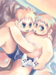 Rule 34 | 2boys, artist request, blonde hair, green eyes, male focus, multiple boys, nipples, pinching, play station, topless male, sony, sweat