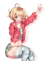 Rule 34 | ahoge, arm up, blonde hair, breasts, comfy chan, crop top, cryptocurrency, green eyes, highres, indie virtual youtuber, jacket, medium breasts, midriff, navel, short hair, short shorts, shorts, solo, striped clothes, striped thighhighs, sweater jacket, thighhighs, thighs, virtual youtuber, yawning
