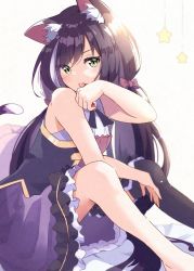 Rule 34 | 1girl, animal ear fluff, animal ears, arm between legs, bare shoulders, black hair, black thighhighs, blush, bow, cat ears, cat tail, claw pose, closed mouth, commentary request, dress, frilled dress, frills, green eyes, hair bow, hand to own mouth, hand up, highres, karyl (princess connect!), licking, licking hand, long hair, looking at viewer, multicolored hair, princess connect!, purple dress, single thighhigh, sitting, sleeveless, sleeveless dress, solo, star (symbol), streaked hair, sunlight, tail, thighhighs, tongue, tongue out, uruc, very long hair