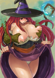 Rule 34 | 1girl, bare shoulders, grabbing another&#039;s breast, breasts, breasts out, dragon&#039;s crown, grabbing, groping, hat, huge breasts, large areolae, long hair, long skirt, male hand, mesiuma joutai, nipples, panties, pantyshot, red eyes, red hair, skirt, sorceress (dragon&#039;s crown), staff, standing, thighs, underwear, upskirt, white panties, witch hat