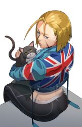 Rule 34 | 1girl, animal ears, ass, blonde hair, blue eyes, cammy white, cat, cat ears, cat tail, crop top, highres, isometric, long sleeves, pants, short hair, sitting, street fighter, street fighter 6, tail, union jack