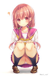 Rule 34 | 1girl, ?, black socks, braid, brown footwear, commentary request, full body, highres, hinako note, kneehighs, loafers, long hair, looking at viewer, low twintails, march-bunny, miniskirt, neckerchief, official art, panties, partially visible vulva, pink hair, pink sailor collar, pink skirt, pleated skirt, sailor collar, sakuragi hinako, school uniform, serafuku, shoes, side braid, skirt, socks, solo, squatting, twintails, underwear, white background, white panties, yellow neckerchief