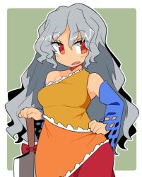 Rule 34 | 1girl, bare shoulders, border, bow, breasts, detached sleeves, dress, eyes visible through hair, green background, grey hair, hair between eyes, hand on own hip, ini (inunabe00), knife, long hair, long sleeves, looking to the side, medium breasts, multicolored clothes, multicolored dress, open mouth, orange dress, red bow, red dress, red eyes, sakata nemuno, simple background, sleeveless, solo, touhou, weapon, white border, wide sleeves, yellow dress