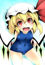 Rule 34 | 1girl, arms behind back, bare shoulders, blonde hair, blush, fangs, flandre scarlet, fumi (fumifumi-graffiti), hat, hat ribbon, highres, one-piece swimsuit, open mouth, red eyes, ribbon, short hair, side ponytail, smile, solo, swimsuit, touhou, wings