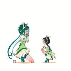 Rule 34 | 1girl, akimoto komachi, aoi tete, artist logo, black hair, blush, boots, bug, butterfly, butterfly hair ornament, commentary request, cosplay, cure mint, cure mint (cosplay), earrings, eyelashes, green footwear, green hair, green vest, hair ornament, happy, high heel boots, high heels, highres, insect, jewelry, long hair, looking at another, low ponytail, magical girl, open mouth, ponytail, precure, puffy short sleeves, puffy sleeves, short sleeves, simple background, skirt, smile, solo, vest, white background, yes! precure 5, yes! precure 5 gogo!