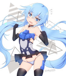Rule 34 | 1girl, bare shoulders, black dress, black gloves, black thighhighs, blue eyes, blue hair, blush, breasts, cameltoe, collarbone, commentary request, contrapposto, dress, elbow gloves, fang, flying sweatdrops, frame arms girl, gloves, groin, hair between eyes, hands up, head tilt, highres, long hair, looking at viewer, open mouth, panties, pleated dress, skindentation, small breasts, solo, strapless, strapless dress, striped clothes, striped panties, stylet, tamayan, tears, thighhighs, twintails, twitter username, underwear, very long hair, wavy mouth, white background