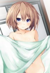 Rule 34 | 1girl, blanc (neptunia), blue eyes, blush, breasts, brown hair, commentary request, covering privates, covering breasts, hair between eyes, hands up, indoors, iwashi dorobou -r-, looking at viewer, medium hair, naked towel, navel, neptune (series), out-of-frame censoring, small breasts, smile, solo, towel