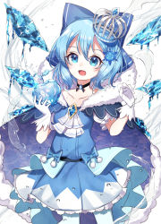 Rule 34 | 1girl, absurdres, ametama (runarunaruta5656), arms up, ascot, black ascot, black choker, blue cape, blue dress, blue eyes, blue gemstone, blue hair, blue pantyhose, bow, breasts, brooch, cape, choker, cirno, collarbone, commentary, cowboy shot, crown, dress, embellished costume, fur-trimmed cape, fur trim, gem, gloves, hair between eyes, hair bow, hair ornament, highres, holding, ice, jewelry, layered skirt, leaning to the side, looking at viewer, mini crown, open mouth, pantyhose, pom pom (clothes), short hair, skirt, small breasts, snowflake hair ornament, solo, standing, strapless, strapless dress, symbol-only commentary, touhou, water, white background, white gloves, wings