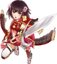 Rule 34 | 1girl, boots, brown hair, flower, full body, hair flower, hair ornament, holding, holding polearm, holding spear, holding weapon, kawamatsu yoshinori, midriff, navel, official art, open mouth, oshiro project:re, oshiro project:re, polearm, red eyes, shinpu (oshiro project), short hair, solo, spear, thigh boots, thighhighs, transparent background, weapon