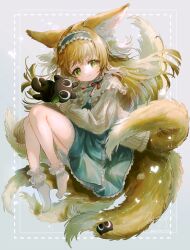 Rule 34 | absurdres, animal ear fluff, animal ears, ankle socks, arknights, black cat, blonde hair, blue hairband, blue skirt, bobby socks, cardigan, cat, closed mouth, commentary, crossover, fox ears, fox girl, fox tail, frilled hairband, frills, green eyes, grey background, hair ornament, hair scrunchie, hairband, heixiu, high-waist skirt, highres, kitsune, kyuubi, long hair, long sleeves, looking at viewer, luo xiaohei, multicolored hair, multiple tails, neck ribbon, no shoes, official alternate costume, open cardigan, open clothes, puffy long sleeves, puffy sleeves, red ribbon, ribbon, scrunchie, shirt, skirt, socks, stitches, suzuran (arknights), suzuran (spring praise) (arknights), syukonbu, tail, luo xiaohei zhanji, two-tone hair, white hair, white shirt, white socks, yellow cardigan