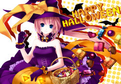 Rule 34 | 1girl, bad id, bad pixiv id, basket, bat (animal), blue eyes, bow, candy, chocolate, chocolate heart, dress, food, frills, gloves, halloween, hana, hana (pangya), happy halloween, hat, heart, jack-o&#039;-lantern, pangya, pink hair, pumpkin, ribbon, smile, solo, witch hat, yuuki kira