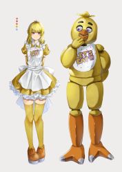 Rule 34 | 1girl, robot animal, apron, bib, blonde hair, chica, five nights at freddy&#039;s, furry, furry female, highres, maid, maid apron, personification, pizzanunko2, purple eyes, robot, short hair, smile, thighhighs, white apron
