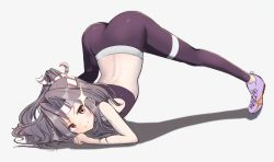 Rule 34 | 1girl, :3, alternate costume, ass, chasen mage, full body, grey background, grey hair, hachimaki, headband, highres, jack-o&#039; challenge, kantai collection, long hair, looking at viewer, pants, pink footwear, ponytail, red eyes, shadow, shoes, simple background, sneakers, solo, sparkle, sports bra, top-down bottom-up, yoga pants, zuihou (kancolle)