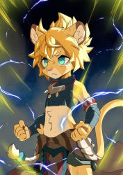 Rule 34 | 1boy, :&lt;, absurdres, animal ears, animal nose, backlighting, bare shoulders, blue background, blue eyes, blue shirt, blue sleeves, body fur, claws, clenched hands, closed mouth, cowboy shot, crop top, cuts, detached sleeves, determined, dragonball z, electricity, fang, furry, furry male, hands up, highres, injury, jewelry, konazarame, lion boy, lion ears, lion tail, loincloth, long sleeves, male focus, midriff, navel, necklace, shirt, short hair, sidelocks, skin fang, sleeveless, sleeveless shirt, smoke, solo, spiked hair, standing, stomach, super saiyan, tail, theo (world flipper), two-tone fur, v-shaped eyebrows, white fur, world flipper, yellow fur