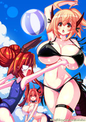 Rule 34 | 3girls, ahoge, angry, ball, beach, beachball, bikini, blonde hair, blush, boob punch, breast envy, breasts, collar, day, double bun, dragon girl, dragon tail, covered erect nipples, heart, horns, huge breasts, monster girl, multiple girls, nefarian, nefarian (warcraft), one-piece swimsuit, onyxia, onyxien, open mouth, orange eyes, personification, pink hair, poking, punching, red hair, short hair, swimsuit, tail, thigh strap, warcraft, world of warcraft