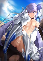 Rule 34 | 1girl, absurdres, andou you, armor, ass, blue eyes, blue ribbon, blue sky, blush, breasts, censored, choker, cleft of venus, closed mouth, collarbone, day, detached sleeves, fate/grand order, fate (series), greaves, hair between eyes, hair ribbon, highres, licking lips, long hair, long sleeves, looking at viewer, meltryllis, meltryllis (fate), meltryllis (swimsuit lancer) (fate), meltryllis (swimsuit lancer) (second ascension) (fate), nipples, puffy sleeves, purple hair, pussy, ribbon, sitting, sky, sleeves past fingers, sleeves past wrists, small breasts, smile, solo, thighs, tongue, tongue out, topless, very long hair