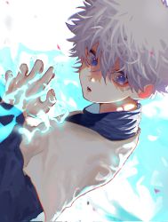 Rule 34 | 1boy, blue eyes, hand up, highres, hunter x hunter, killua zoldyck, layered sleeves, lightning, long sleeves, looking at viewer, male focus, parted lips, short over long sleeves, short sleeves, solo, wahoxz, white hair