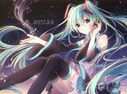 Rule 34 | 1girl, 39, 2017, aqua eyes, aqua hair, dated, detached sleeves, hatsune miku, headset, long hair, looking at viewer, necktie, sitting, skirt, smile, solo, tattoo, thighhighs, twintails, very long hair, vocaloid, yoishi (fuchi39)
