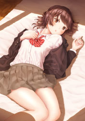 Rule 34 | 1girl, :o, bare legs, bed sheet, blazer, blush, bow, bowtie, brown eyes, brown hair, brown skirt, buttons, collar, collared shirt, hand on own chest, highres, indoors, jacket, lips, long sleeves, looking at viewer, lying, on back, on bed, open clothes, open jacket, original, papi (papiron100), parted lips, pleated skirt, red bow, red bowtie, school uniform, shirt, short hair, short sleeves, skirt, solo, sunlight, wooden floor